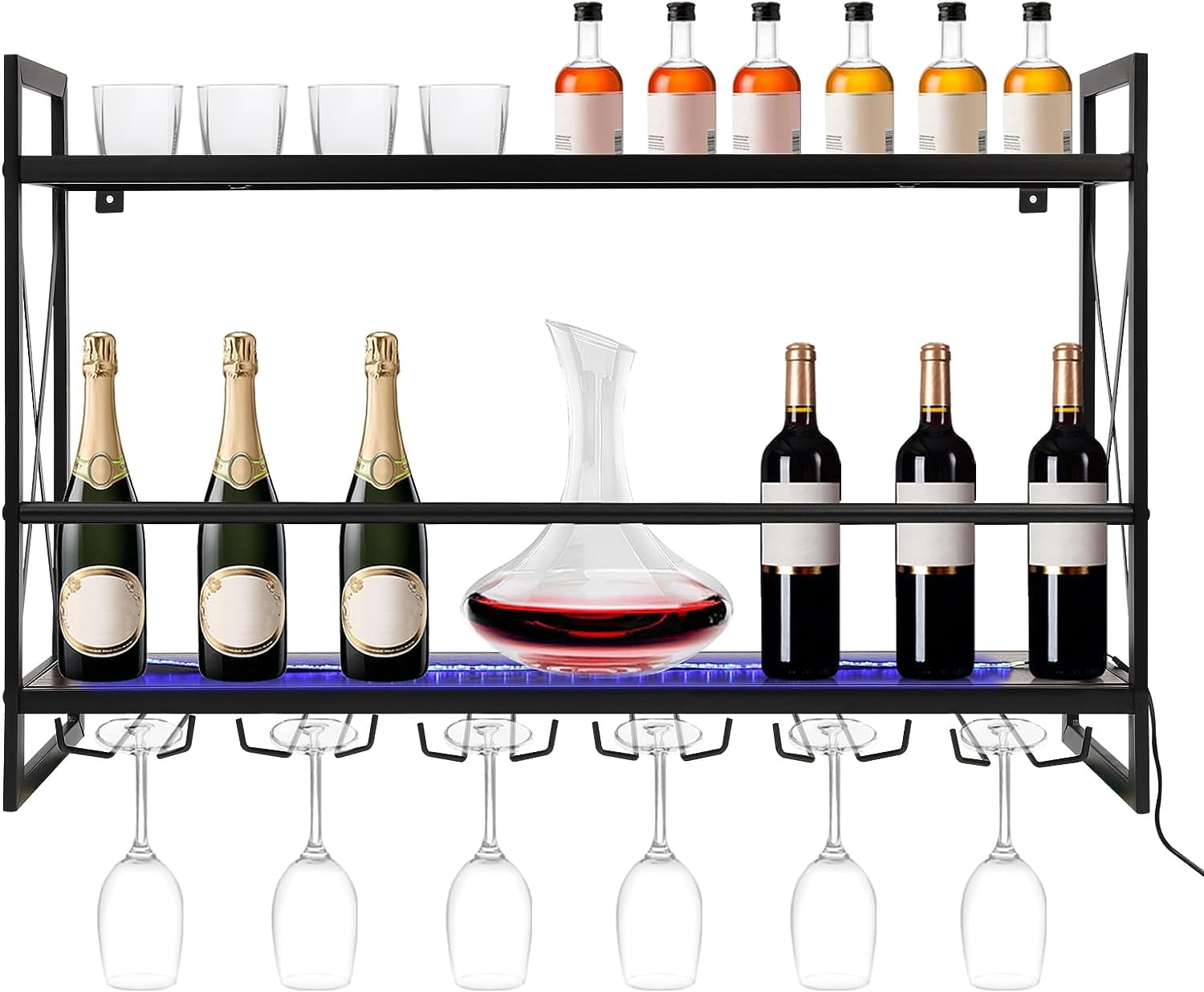 Oukaning 2 Tier LED Wine Rack Wall Mounted Wine Racks Bottle Holder
