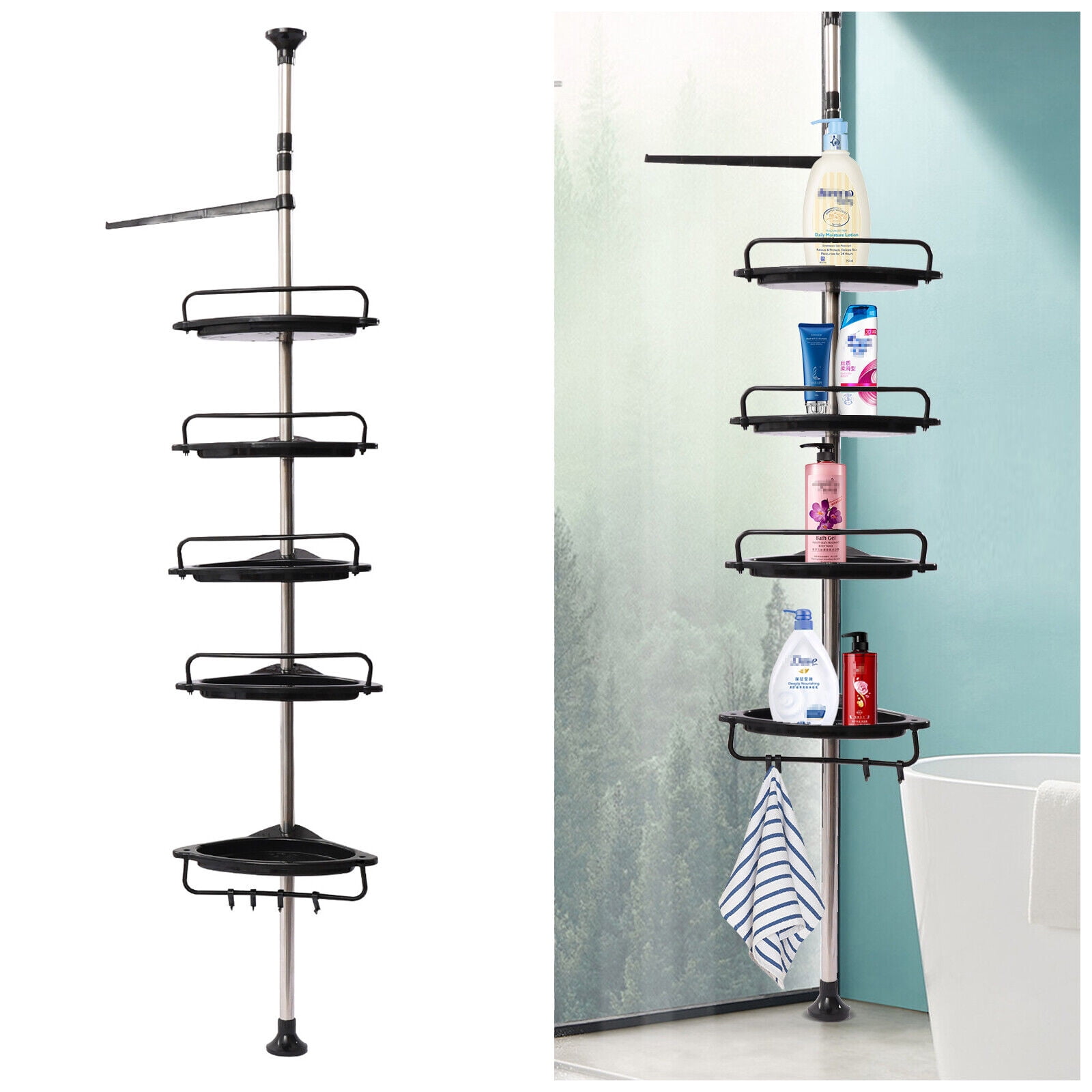 Oukaning 5-Tier Shower Corner Display Storage Bathroom Storage Organizer  Collector（Black）