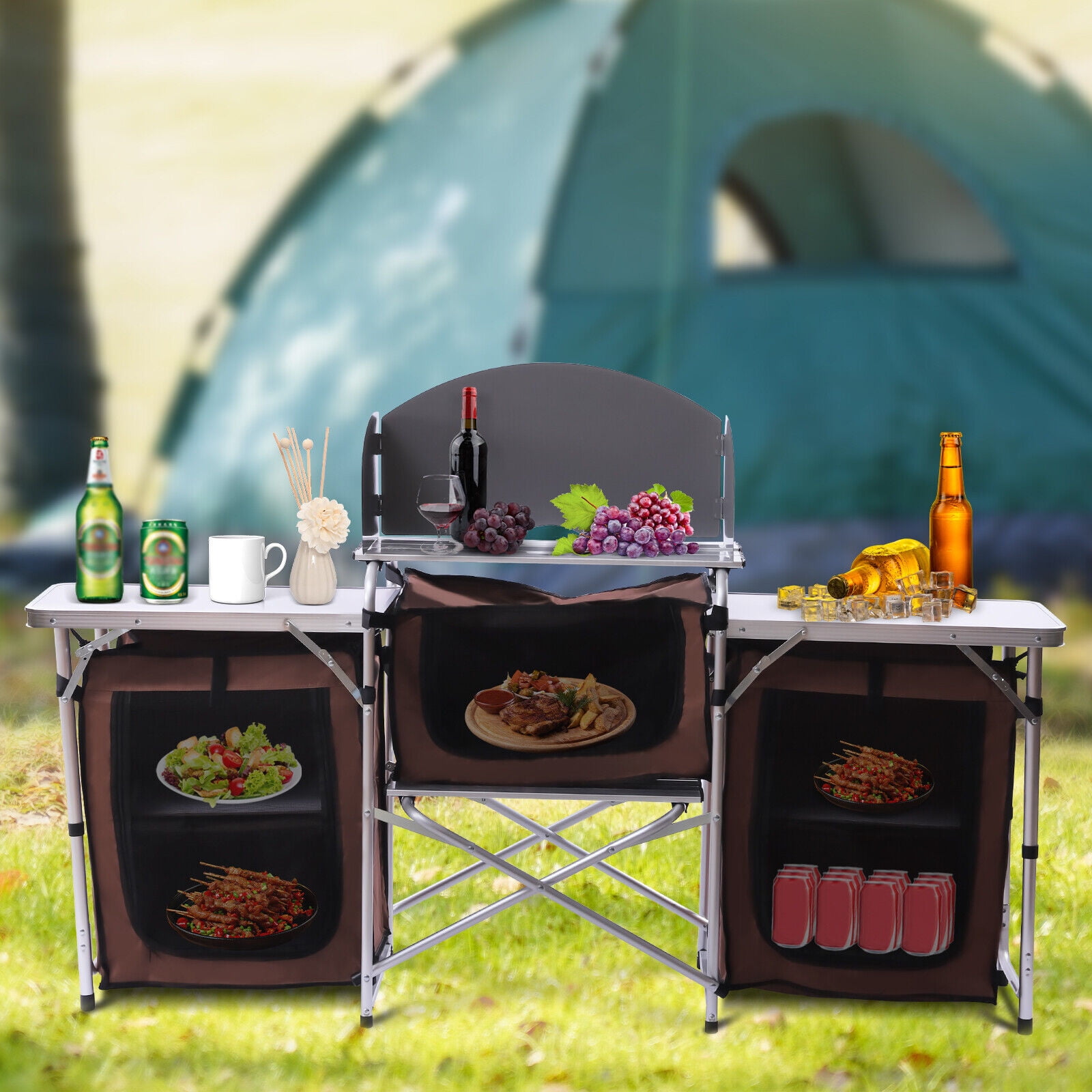 BENTISM Camping Kitchen Table Folding Portable Cook Table 1 Cupboard &  Windscreen 