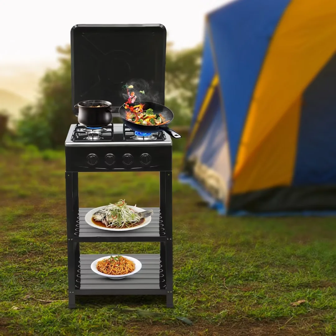 Oukaning Gas Stove, 4 Burners Gas Stove Camping Stove With Support Leg Stand Wind and Blocking