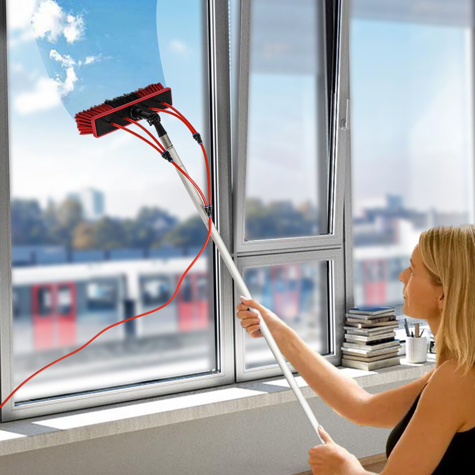 30 ft. Solar Panel Cleaning Brush and Pole Water Brush with Squeegee 3-in-1  Aluminum Outdoor Window Cleaner