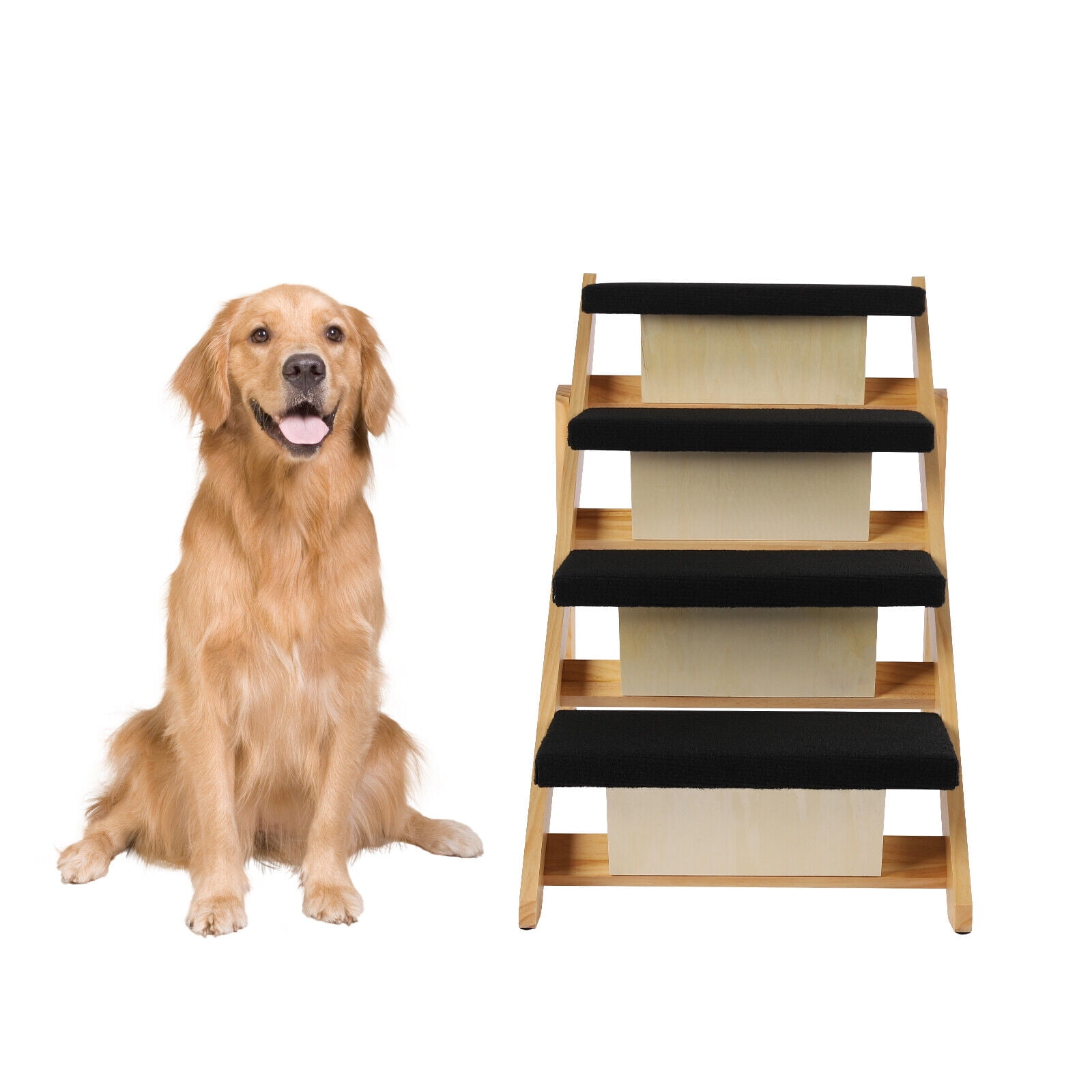 Oukaning Wooden Pet Stairs Foldable Pet Ramp Adjustable Slope Collapsible Dog Steps 2 Levels