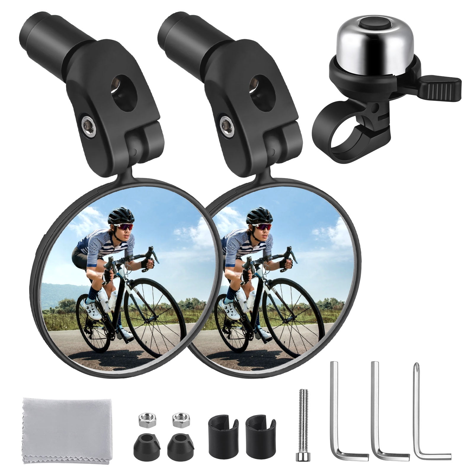 Oulepu Bicycles Mirrors, 2 Pack Adjustable Rear View Mirror 360 Rotation Handlebar Bike Mirrors with Bike Bell