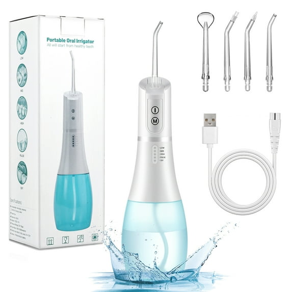 Oulepu Cordless Water Flosser for Teeth, Rechargeable Dental Oral Irrigator with 5 Modes, 5 Jet Tips, 400ML Portable Water Teeth Cleaner for Home &Travel, White