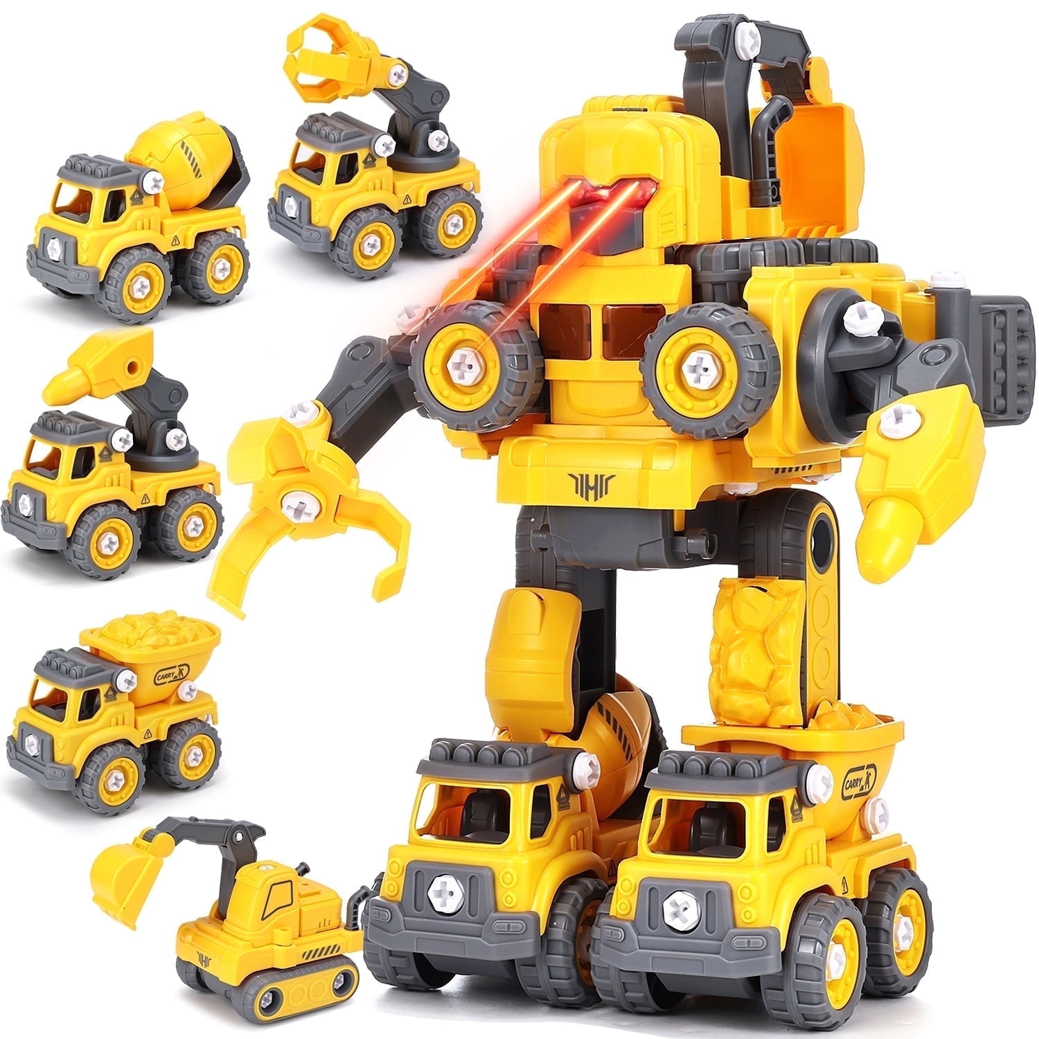 Gemeer 5-in-1 Transformer Robot Toys, DIY Construction Toys Truck Take Apart Toys with Light for Kids , Excavator Toys STEM Educational Toys for Boys Girls Kids Birthday Gifts