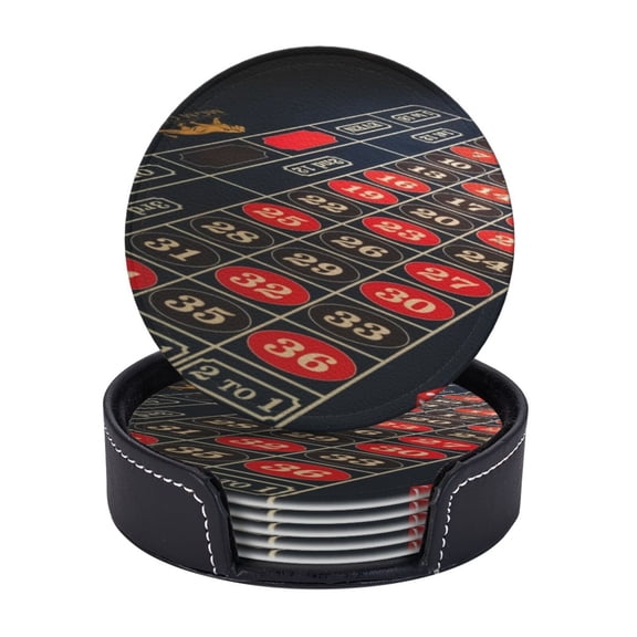 Oulette, Gambling,dice,casino Coasters With Leather Holder Set Of 6 Round Coasters for Home and Kitchen Decor