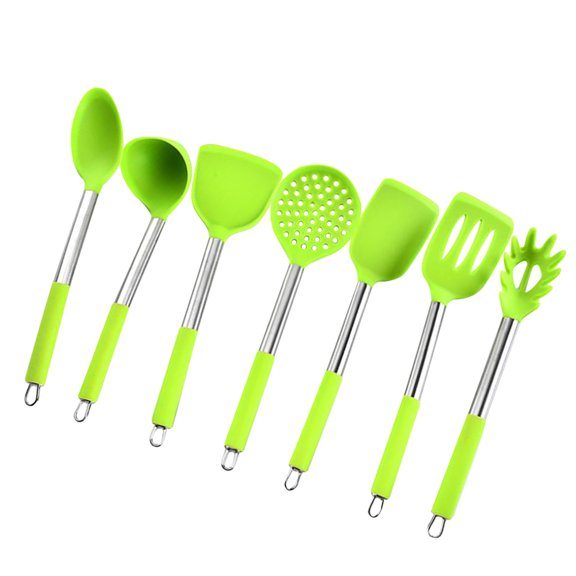Oulii Alasum 7Pcs Metal Handle Silicone Kitchen Utensils Set Waterproof Non Stick Light Green