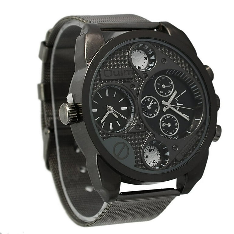 Oulm 9316 Cool Men s Big Round Dial Dual Time Display Stainless Steel Band Quartz Wrist Watch Black
