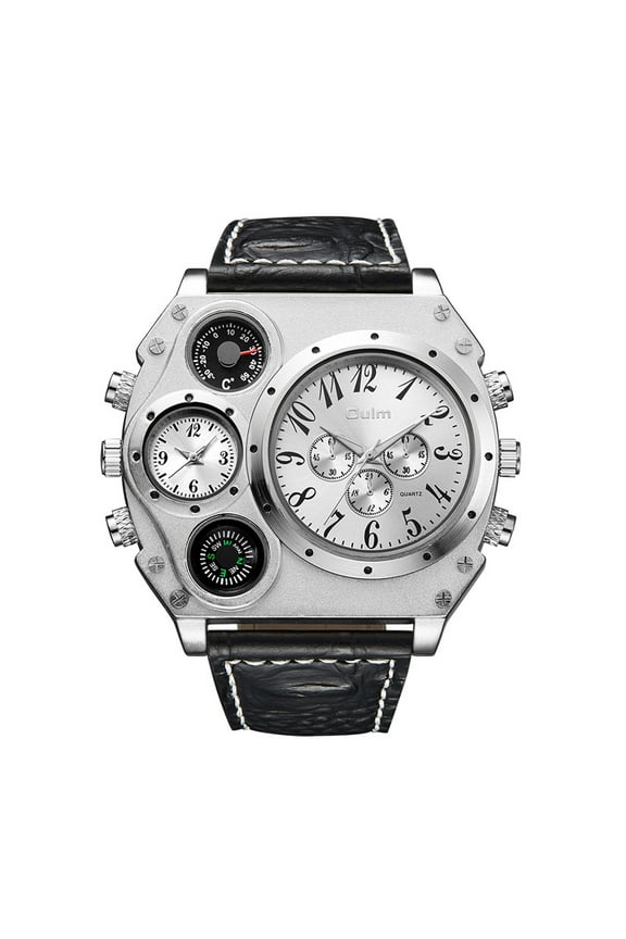 Oulm Compass Outdoor Sports Watches Analog White/Black/Brown Leather Strap Four Sub-dials Men Watch Sports Watch Military Watch Mechanical Watch for Men