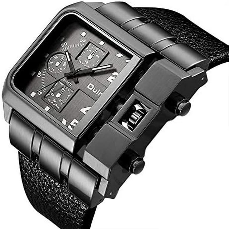 Oulm Rectangle Unique Design Black Men Wristwatch Wide Dial Leather Strap Quartz Watch Sports Watch Military Watch Mechanical Wrist Watch for Men Walmart