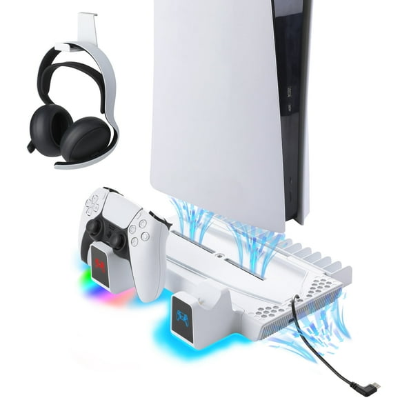 Petbank PS5 Stand Charger with Cooling Fan, Dual Controller Charger for PS5 Slim, PS5 Games Accessories with Headphone Stand, PS5 Slim Replacement Box, 14 Game Slots, White
