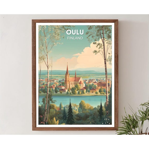 Oulu Finland Retro Travel Mid Century Modern Vintage Cityscape Decor, Unframed Poster