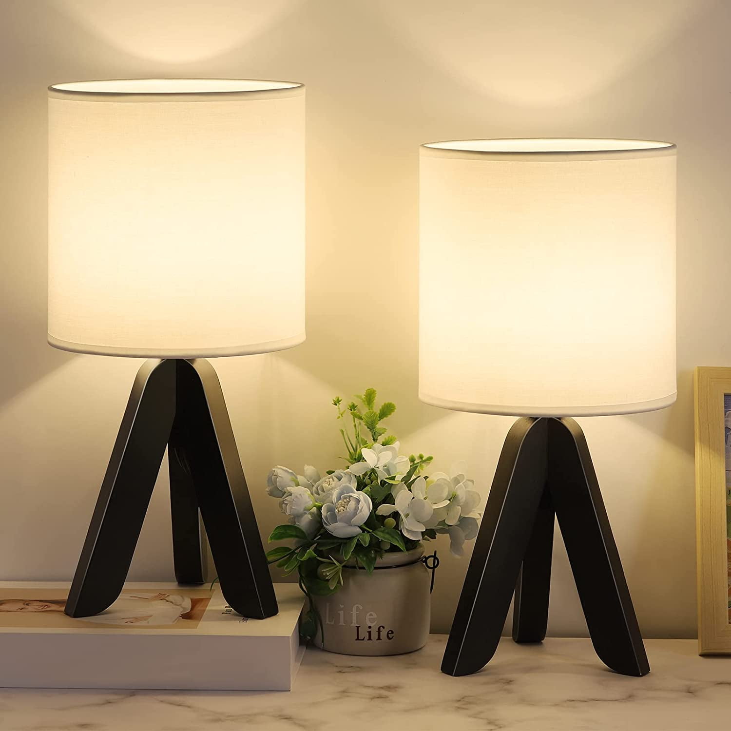 Oumilen 14.37” Smooth Wooden Tripod Table Lamp with White Fabric Shade (2 Count)