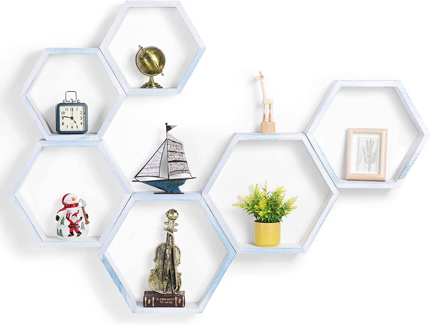 Oumilen 15.7” x 3.9” Blue White Hexagon Floating Shelves, Set of 6