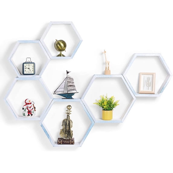 Oumilen 15.7” x 3.9” Blue White Hexagon Floating Shelves, Set of 6