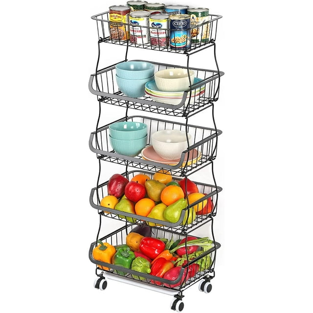 Oumilen 5 Tier Fruit Storage Basket Stand Kitchen 16.1" Rolling Cart