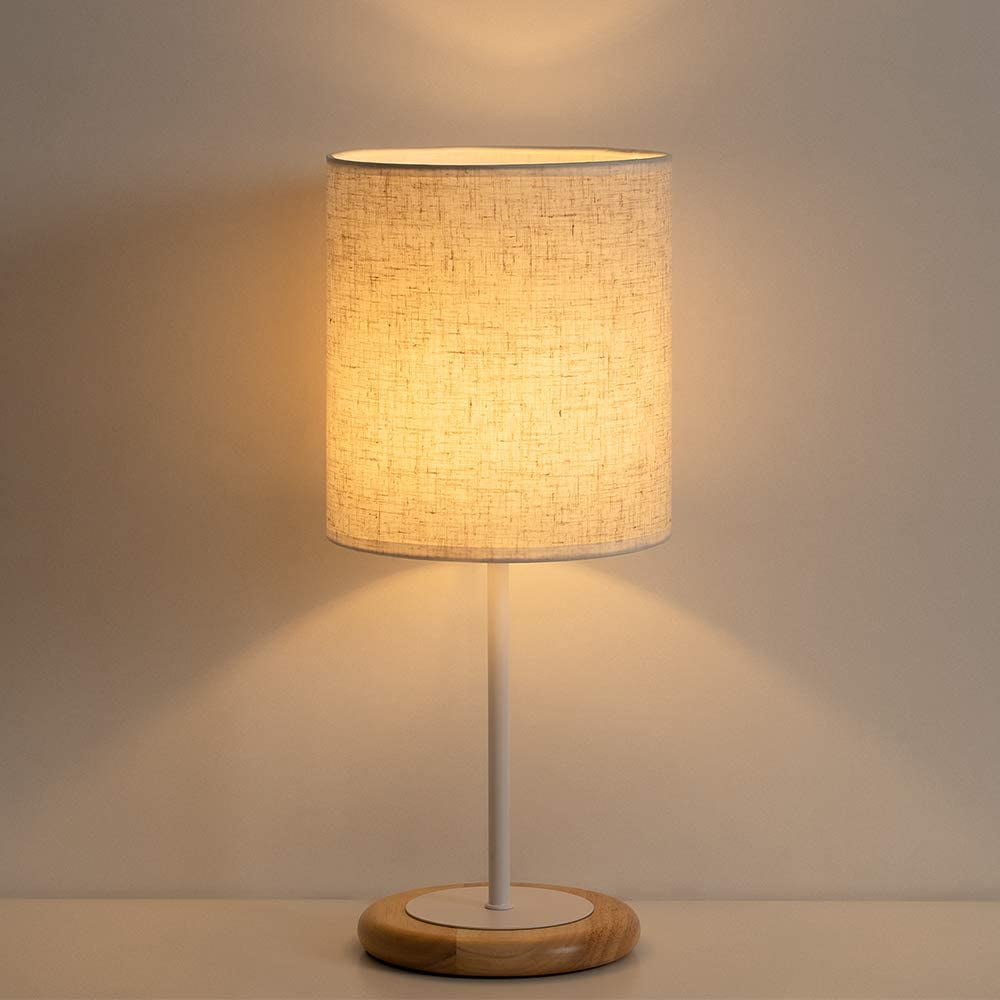 White Modern Desk Lamp Linen Fabric Shade and Wood Base