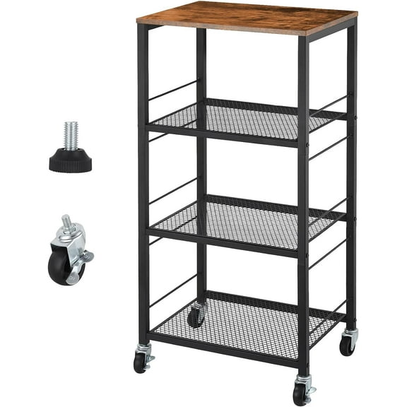 Oumilen Adjustable and Rolling Metal Fiberboard Rectangle 4-Tier Wire Mesh Table, Brown