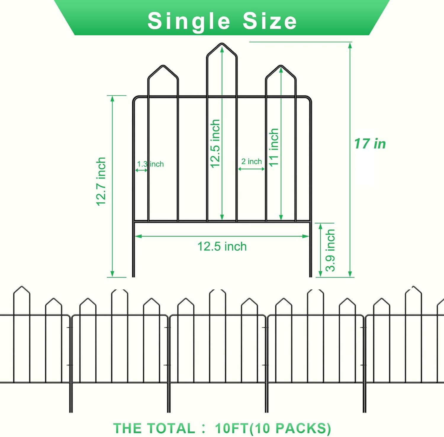Oumilen Arched Metal Garden Fence, Black, 10 Panels, 17" (H) x 10.5FT (L) Outdoor Animal Barrier