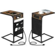 Oumilen C-Shaped 23.6" End Table with Charging Station, Set of 2 Side Table, Rustic Brown