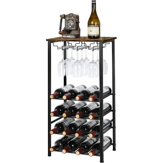 Oumilen Freestanding Wine Bar Rack, Holds 16 Bottles and 9 Glasses, Brown