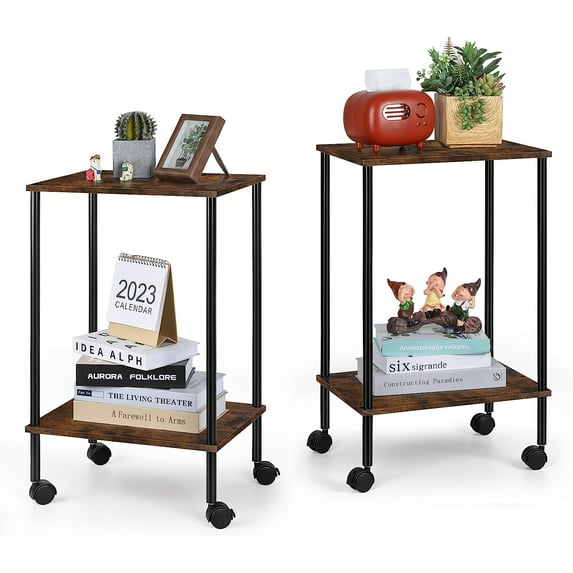 Oumilen Indoor Modern Rolling Metal Rectangle End Table, Brown (Set of 2)