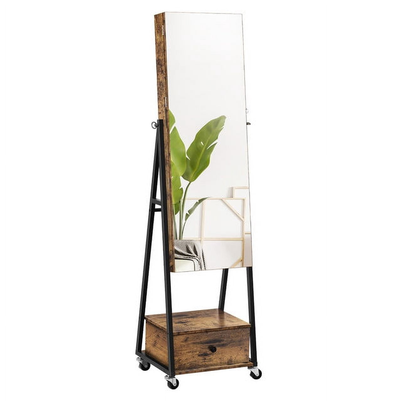 Oumilen Jewelry Armoire on Casters with Chest Drawer in Burnt Wood Brown for Adults