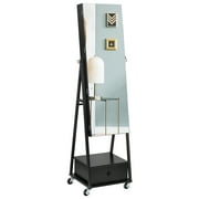 Oumilen Jewelry Armoire on Casters with Wood Chest Drawer in Black