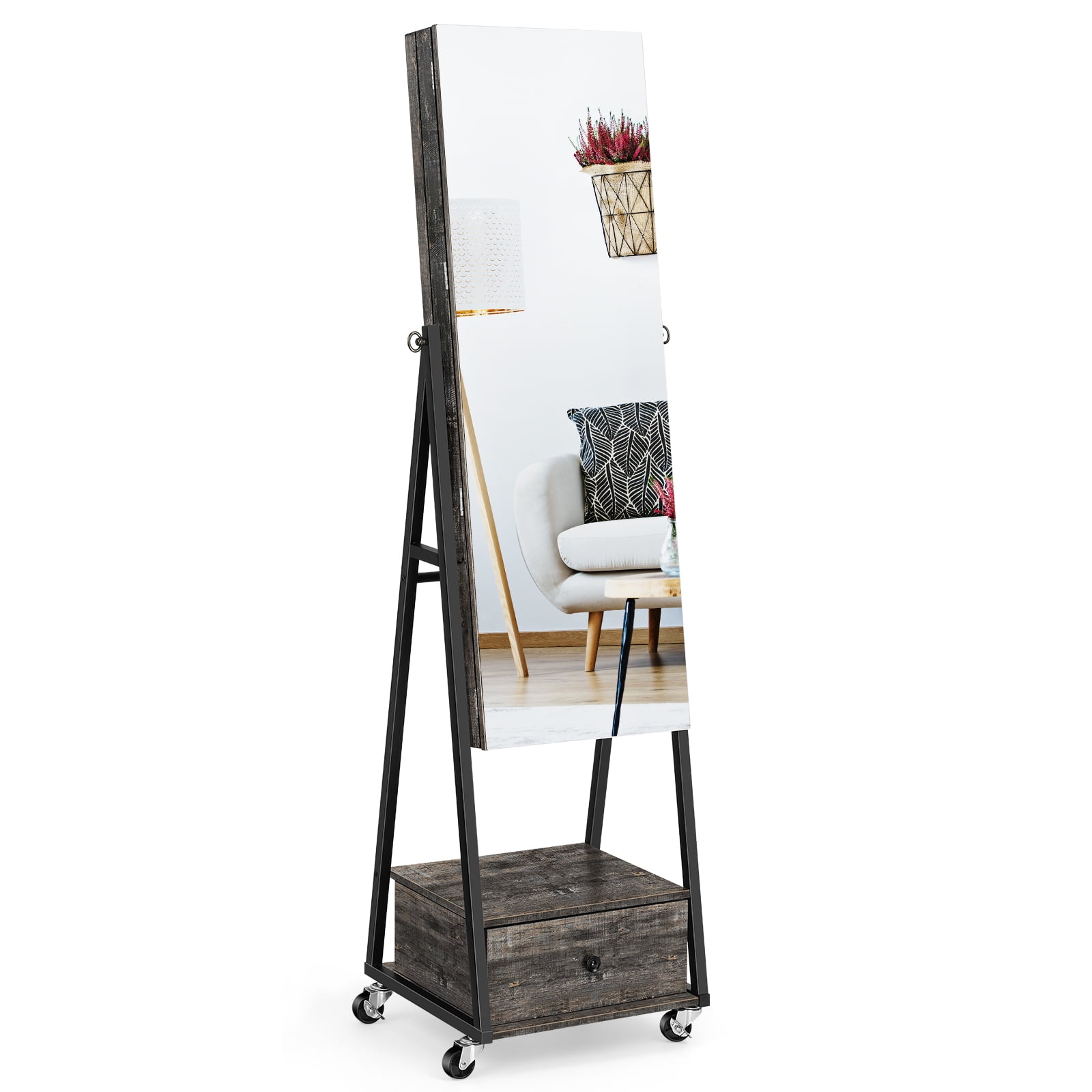 Oumilen Jewelry Armoire on Casters with Wood Chest Drawer in Dark Gray