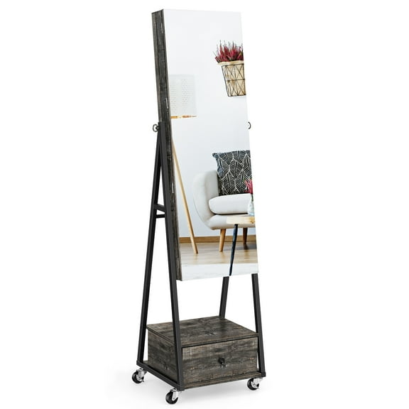 Oumilen Jewelry Armoire on Casters with Wood Chest Drawer in Dark Gray