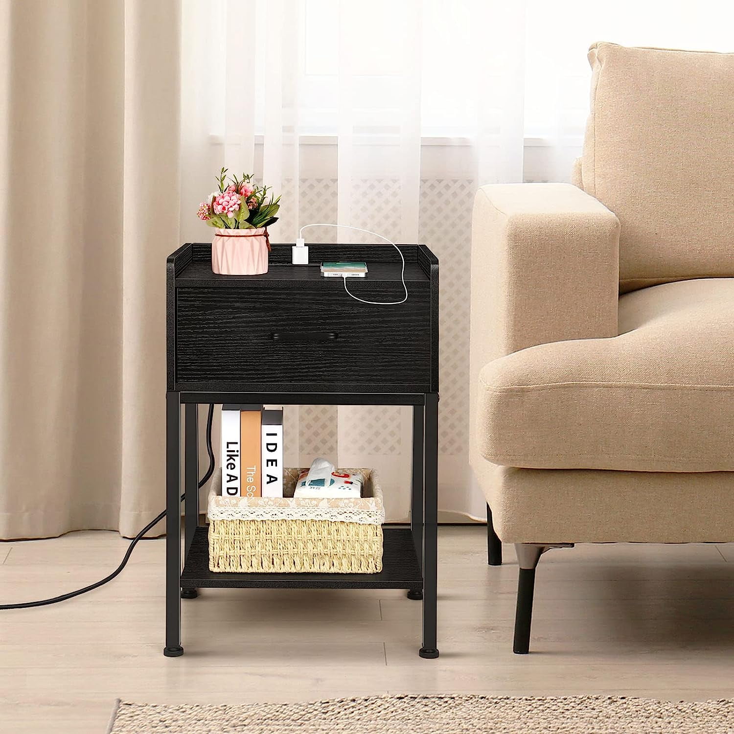 Oumilen Modern Nightstand with Charging Station, Black
