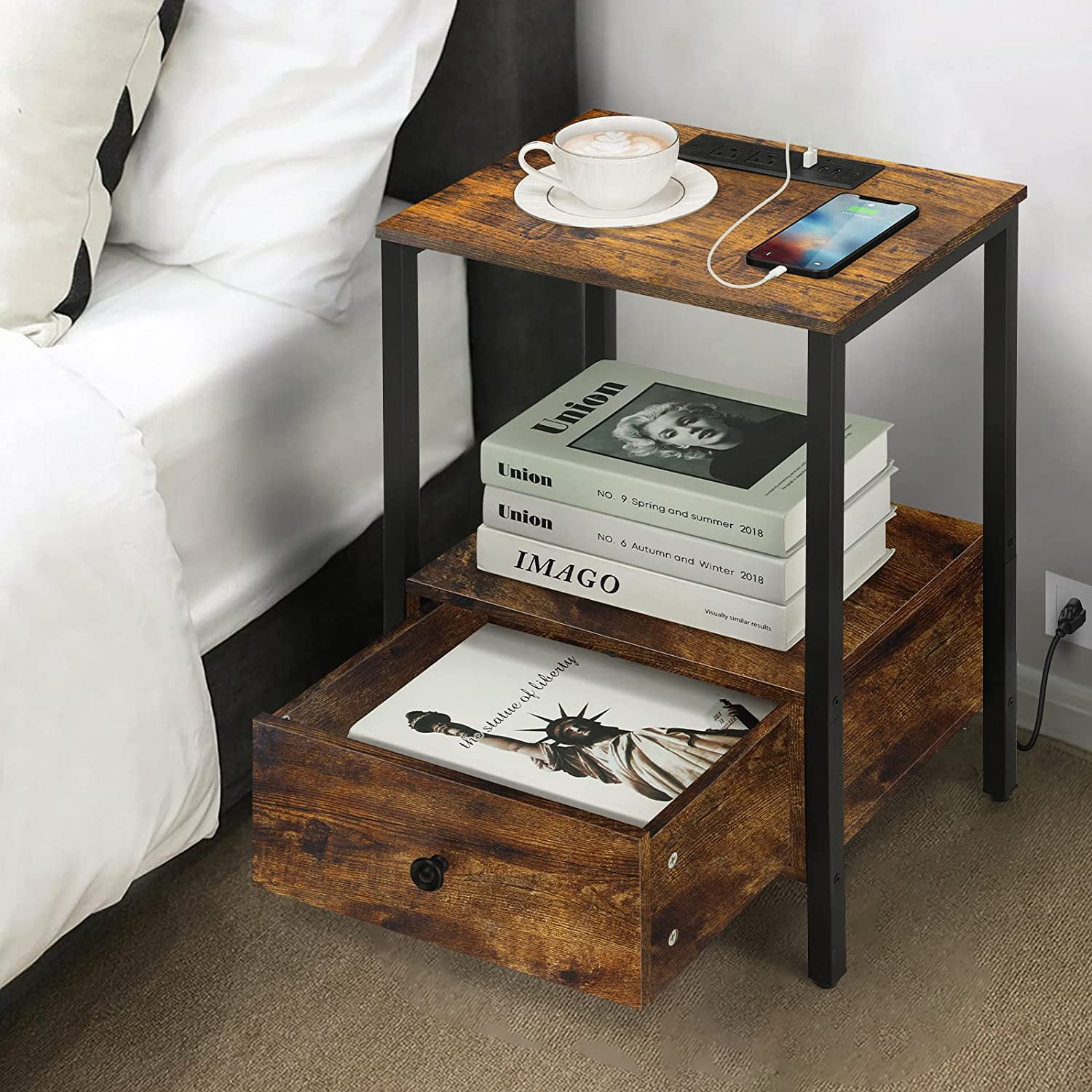 Oumilen Adult Modern Nightstand with Charging Station, Brown
