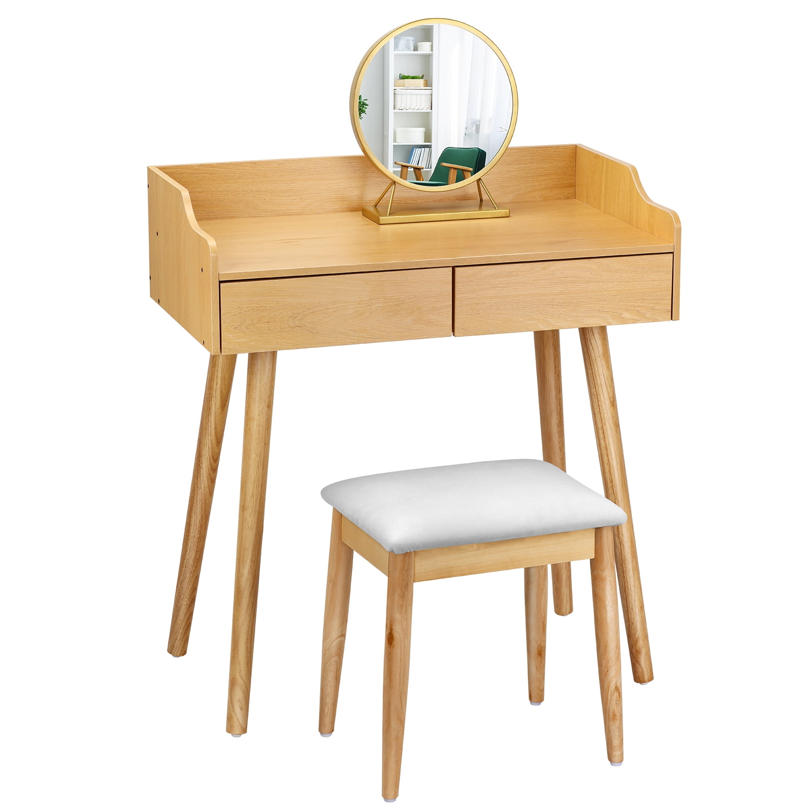 Oumilen Modern Vanity Set with Stool and Round Mirror, Light Brown