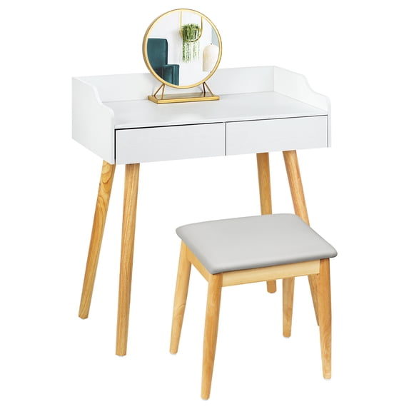 Oumilen Modern Vanity Set with Stool and Round Mirror, White