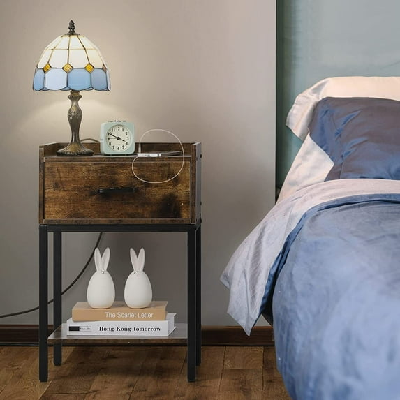 Oumilen Nightstand with Charging Station and Drawer, Brown