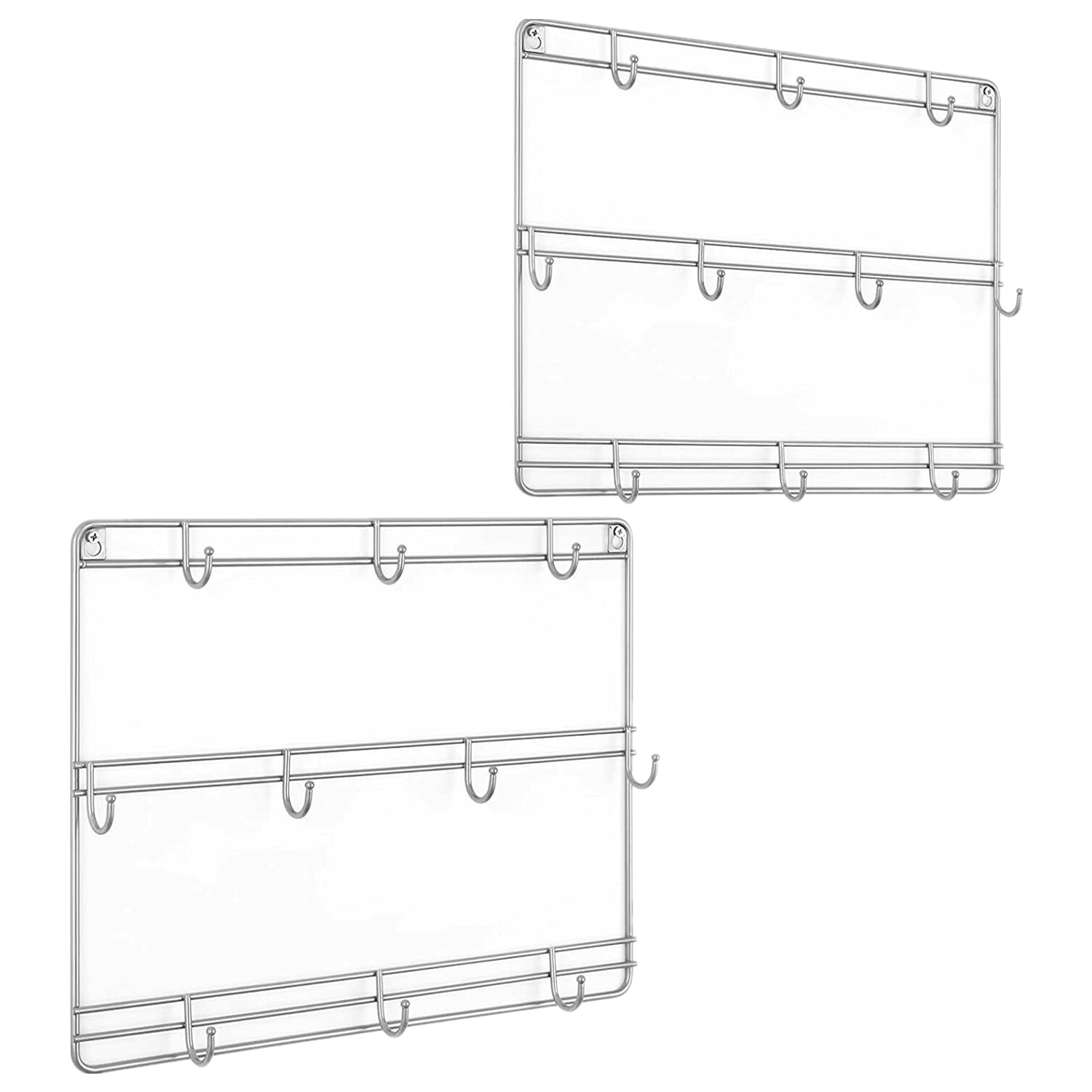 Oumilen Set of 2 3-Tier Metal Wall Mounted Coffee Cup Holder with 10 Hooks, Silver