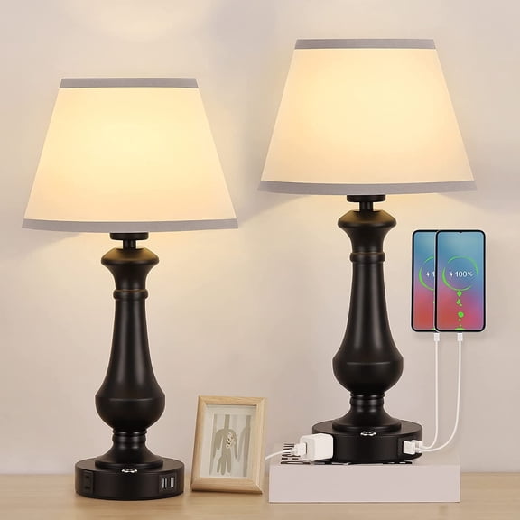 Oumilen Set of 2 Touch Sensor Touch Control Table Lamp, with 2 USB Charging Port, Black