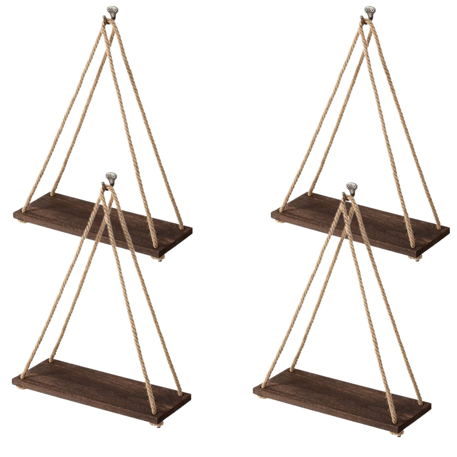 Oumilen Set of 4 Vintage Hanging Shelves Wood Rope Floating Shelves, Brown