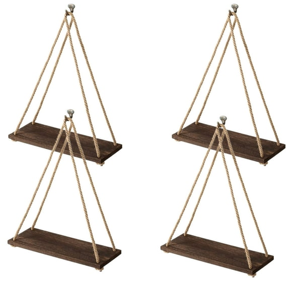 Oumilen Set of 4 Vintage Hanging Shelves Wood Rope Floating Shelves, Brown