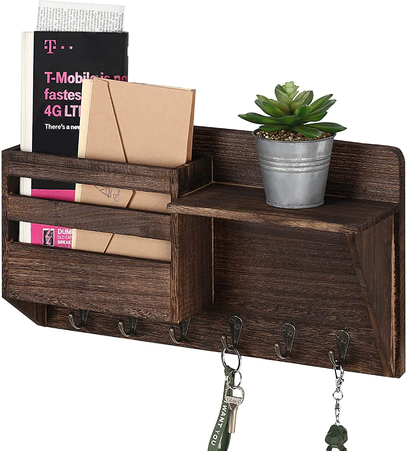 Oumilen Wall Mount Hanging Organizer with 6 Hooks, Brown