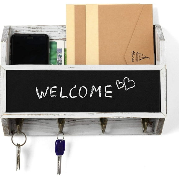 Oumilen Wall Mount Mail & Key Holder Organizer with 4 Key Hooks Whitewash