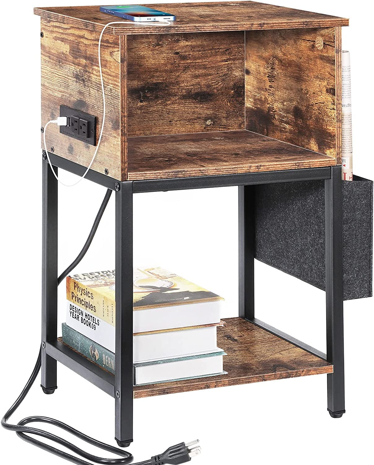 Free Shipping! Oumilen Rustic Brown End Table with Storage, Fabric Bags ...