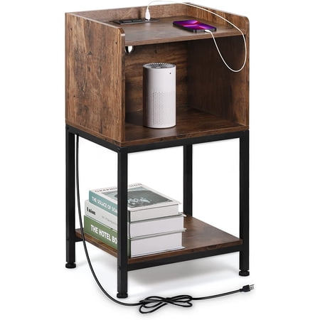 Oumilen Western Home 2 Layers Hidden End Table with Build-In Fast Charging Station with USB Ports in Rustic Burnt Wood