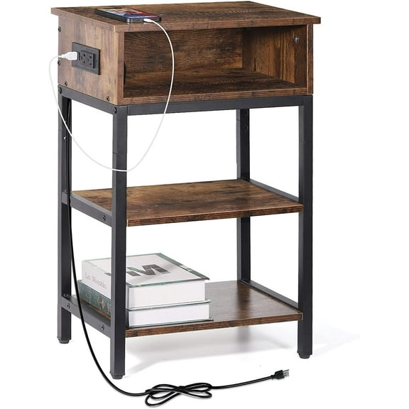 Oumilen Western Home 24.8" End Table 3 Layers with Charging Station, Rustic Burnt Wood