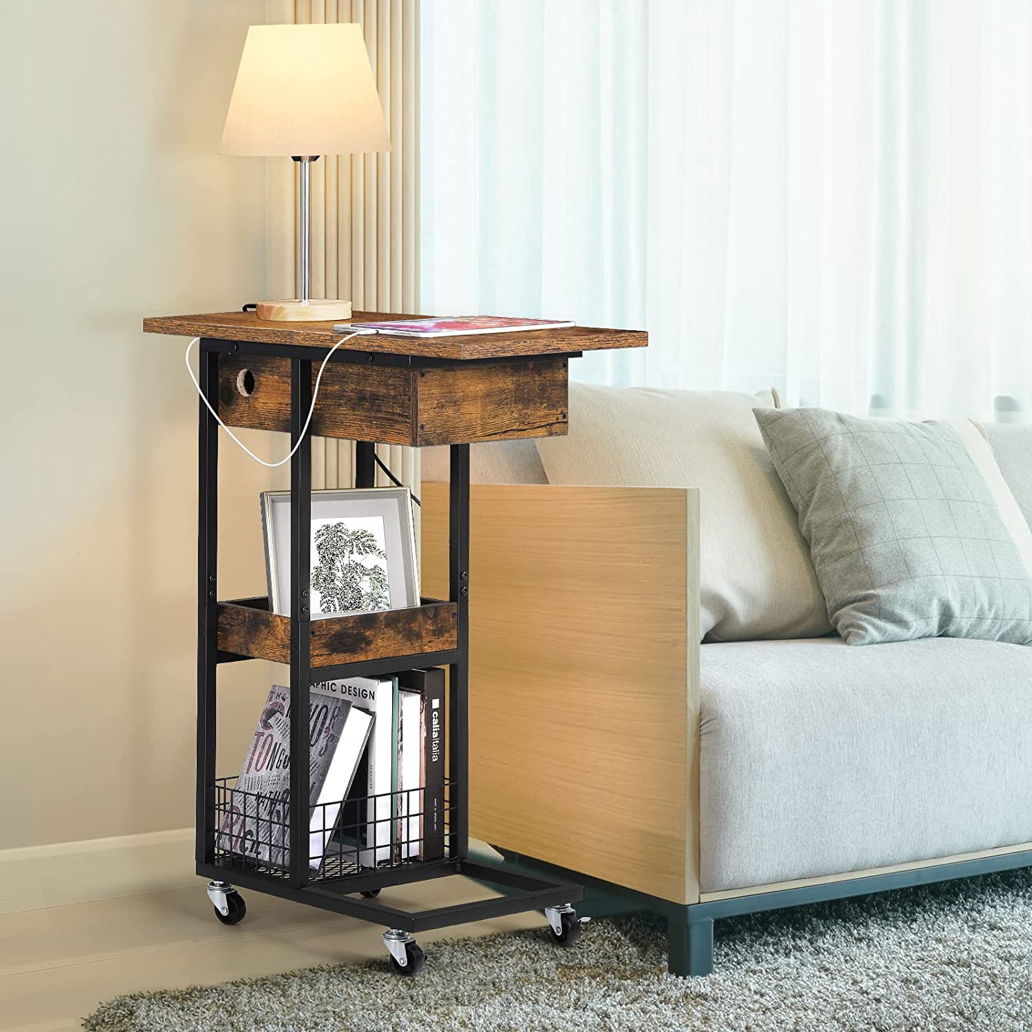 Oumilen Western Home C Shaped Small End Table with Storage Basket Rolling Casters in Rustic Burnt Wood, Build-In Fast Charging Station with USB Ports