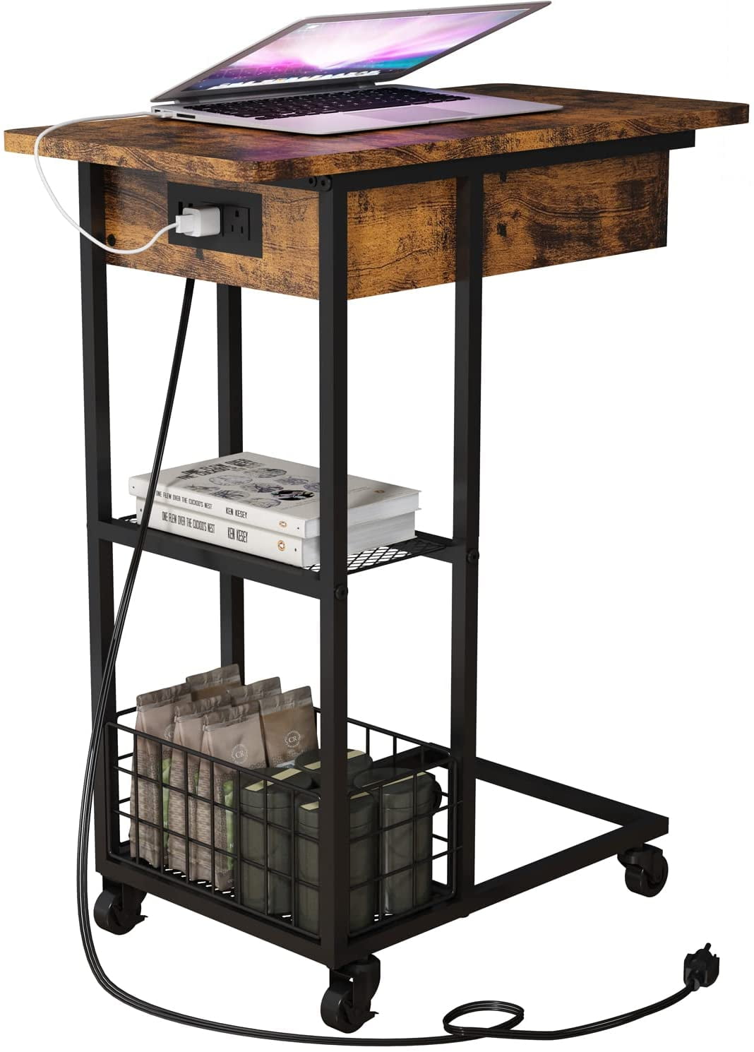 Oumilen Western Home Side Flip Top C Shaped End Table with Build-In Fast Charging Station with USB Ports, in Rustic Burnt Wood