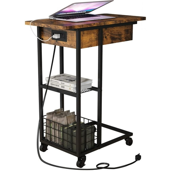 Oumilen Western Home Side Flip Top C Shaped End Table with Build-In Fast Charging Station with USB Ports, in Rustic Burnt Wood