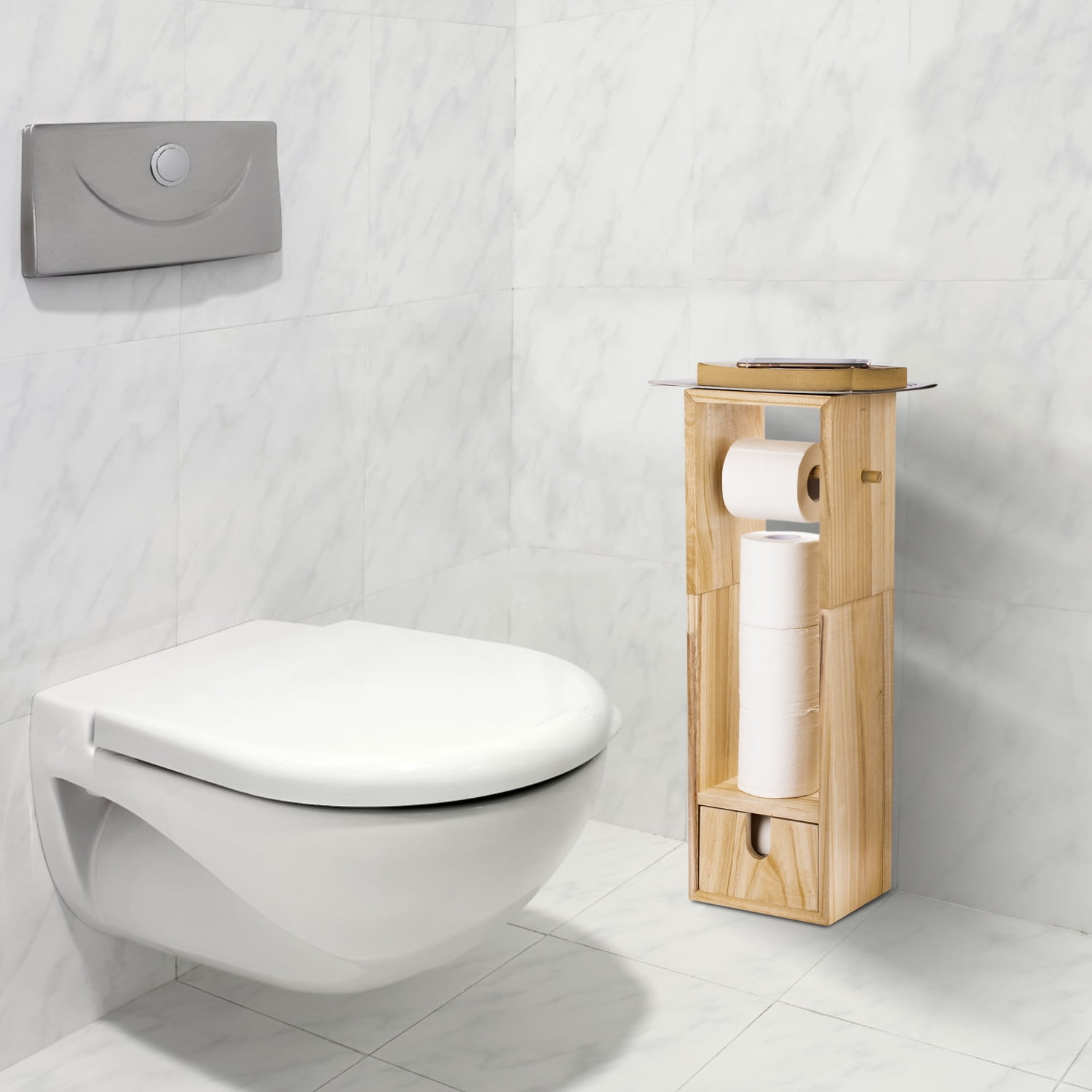 Oumilen Wood Home Bathroom Paper Rack Bathroom Storage Rack, Brown