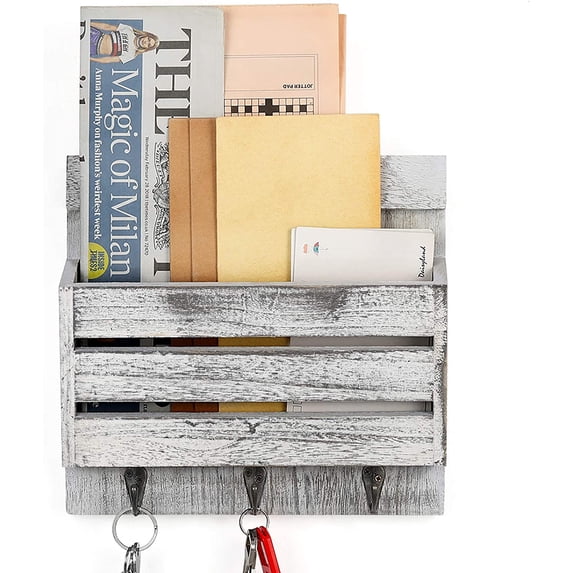 Oumilen Wood Wall Mount Mail & Key Holder Organizer with 3 Key Hooks, Rustic White Gray