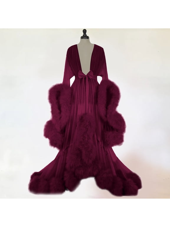 Women Fashion Sexy Tulle Robe Long Lingerie Nightgown Bathrobe Sleepwear Feather Bridal Robe Lace Lingerie